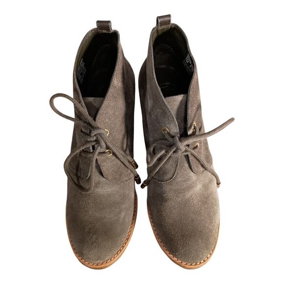 Tory Burch Viki Lace Up Wedge Ankle Boots GreyLeather Suede Gold Logo Womens 7 - Picture 6 of 12